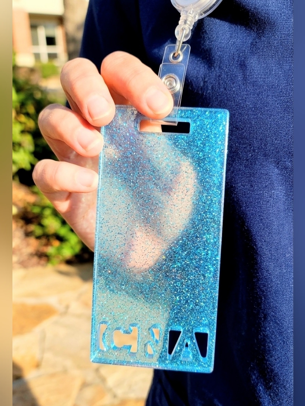 Handmade Blue Glitter Resin Badge Buddy Nurse ID Holder Cute Retractable Reel